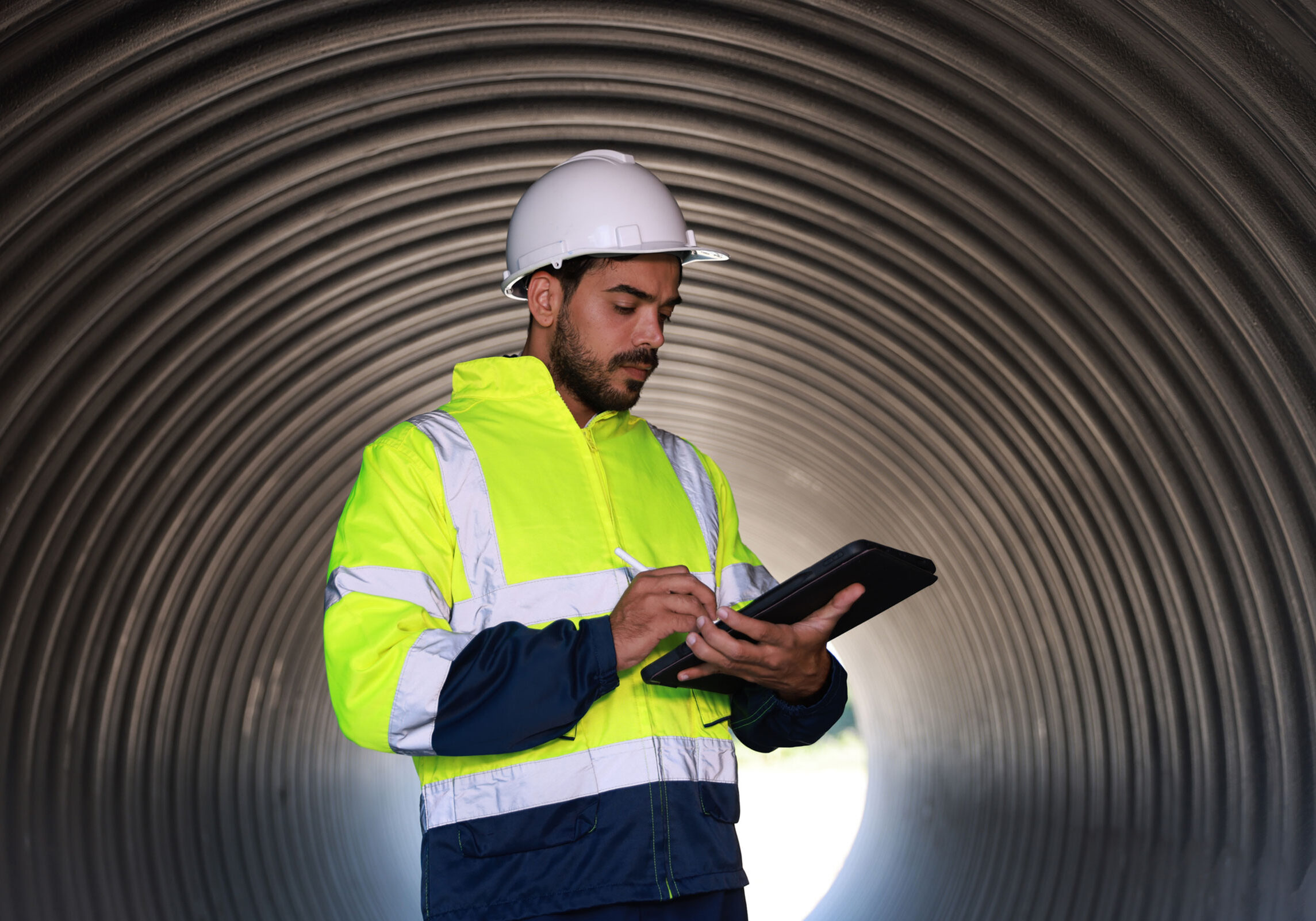 Inspector wearing a hard hat and safety jacket using construction stormwater compliance software on a tablet inside a drainage culvert.