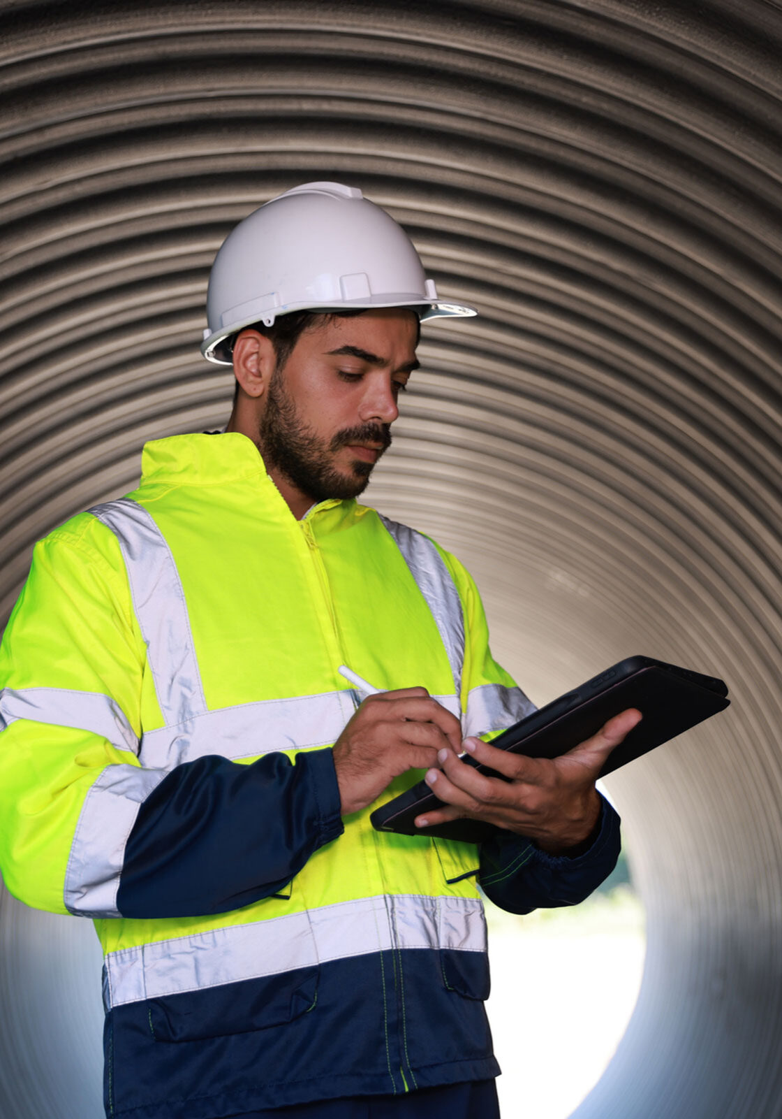 Inspector wearing a hard hat and safety jacket using construction stormwater compliance software on a tablet inside a drainage culvert.
