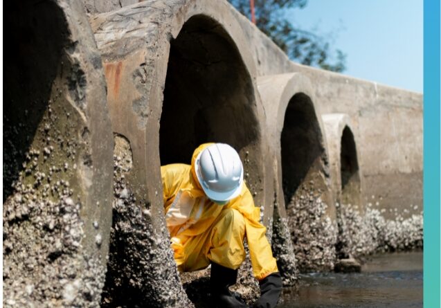 Stormwater compliance experts conducting field sampling and testing at a coastal outfall structure